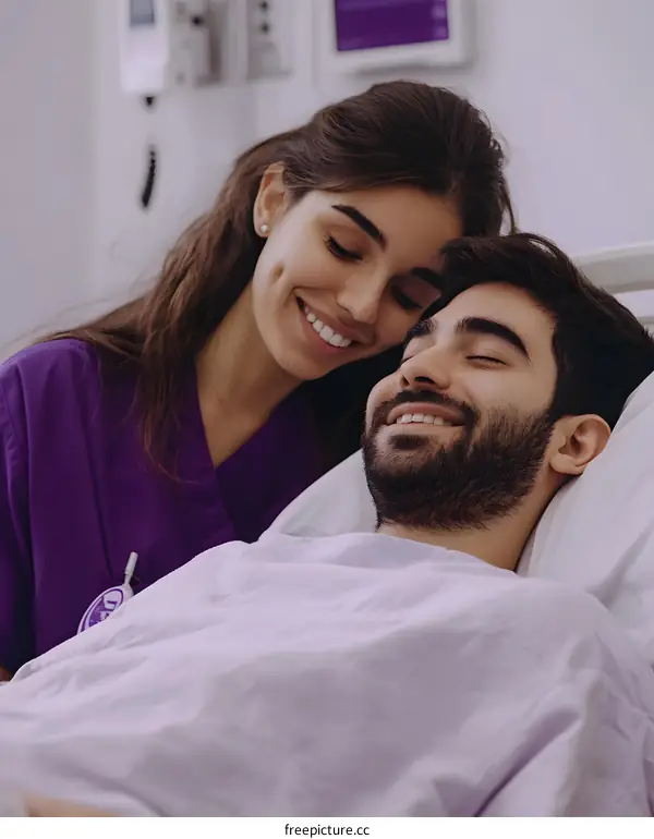 Smiling Woman Holding Man Hand in Hospital Bed