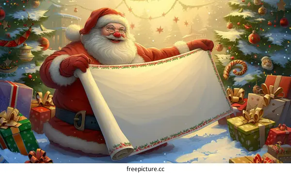 Santa Claus holding a blank paper with a big smile