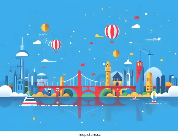 Modern Cityscape with Bridge and Hot Air Balloons
