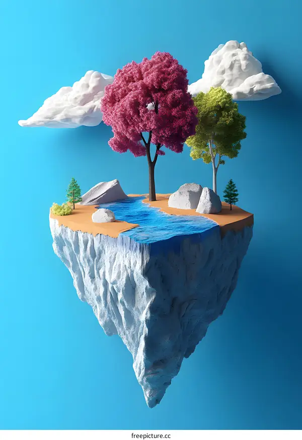 Floating Island with Trees and River in a Blue Sky
