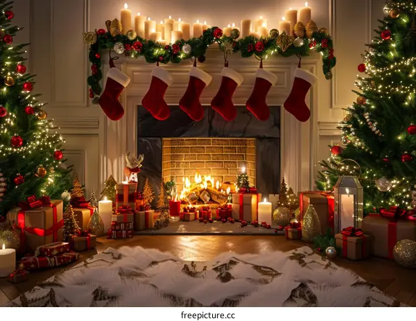 Christmas Fireplace Decor with Stockings and Presents