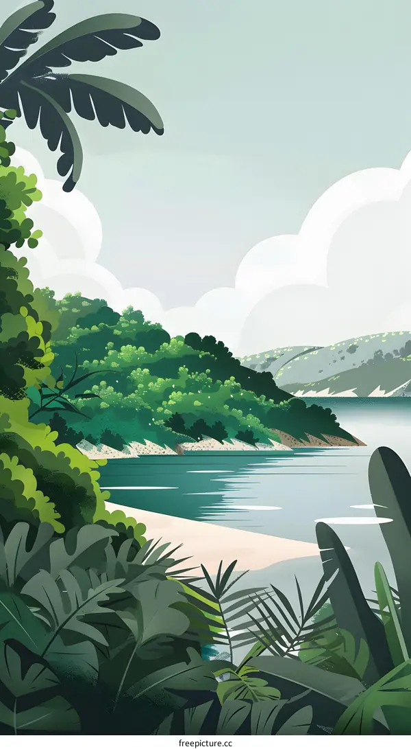 Tropical Landscape with Lush Greenery and Calm Water