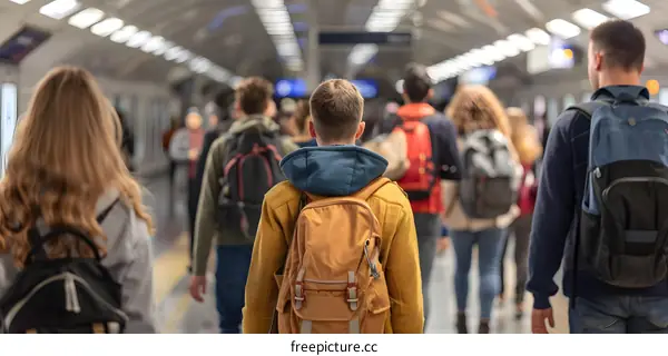 Group Of People Walking Through Subway Tunnel With Backpacks