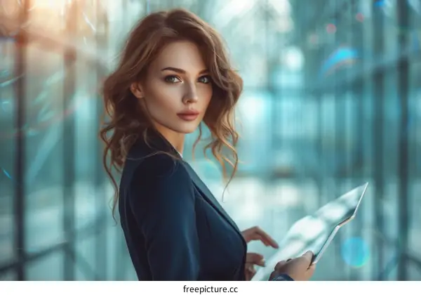 Confident young businesswoman using a tablet in an office