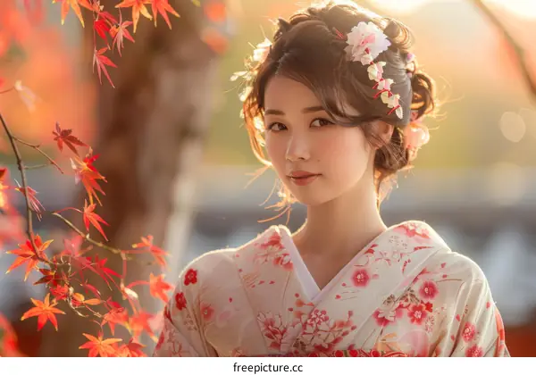 Japanese Woman in Traditional Kimono with Autumn Leaves