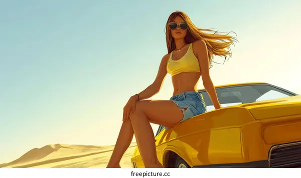 A Caucasian Woman Sitting on a Yellow Car in the Desert