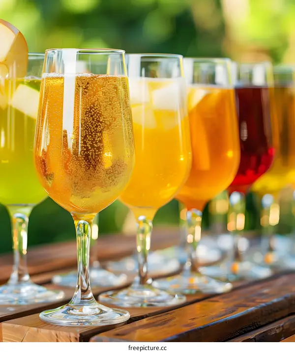 Closeup of Glasses of Various Refreshing Drinks on a Wooden Table Outdoors