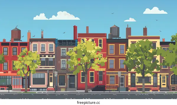 Row of Houses with Water Towers on the Rooftops Illustration