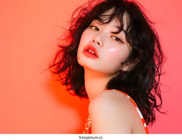 Portrait of a Young Asian Woman with Short Hair in Red Dress