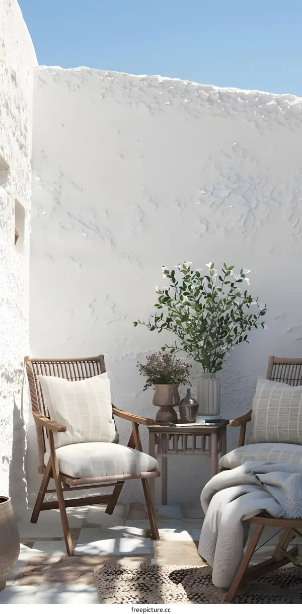 White Wall Patio With Wooden Chairs and Plants