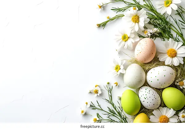 Easter Eggs and Flowers Arrangement on a White Surface