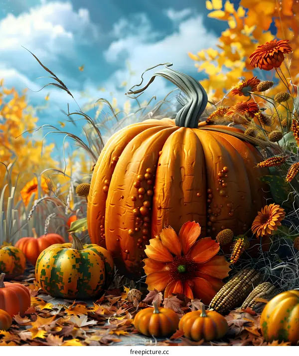 Happy Thanksgiving Day. Pumpkins and autumn leaves.