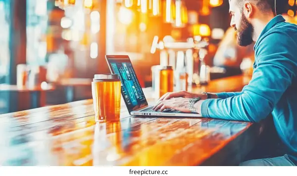 Man Working on Laptop in Cafe