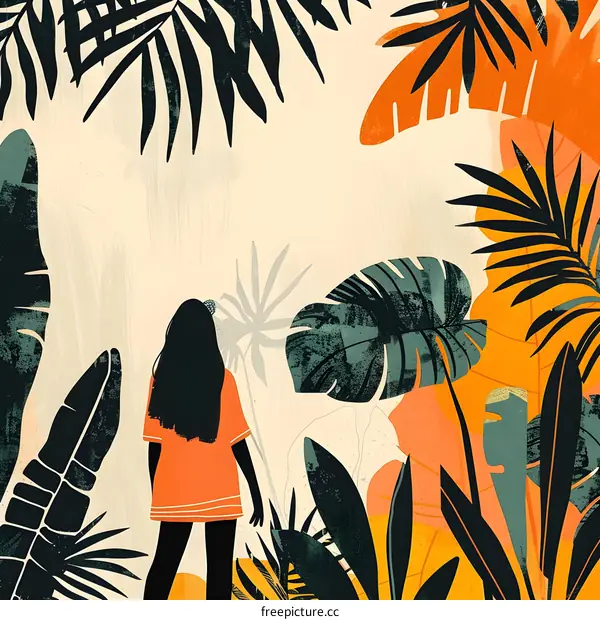 Woman Standing In Tropical Leaves Illustration