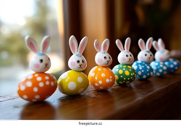 Colorful Easter Bunny Figurines on Eggs
