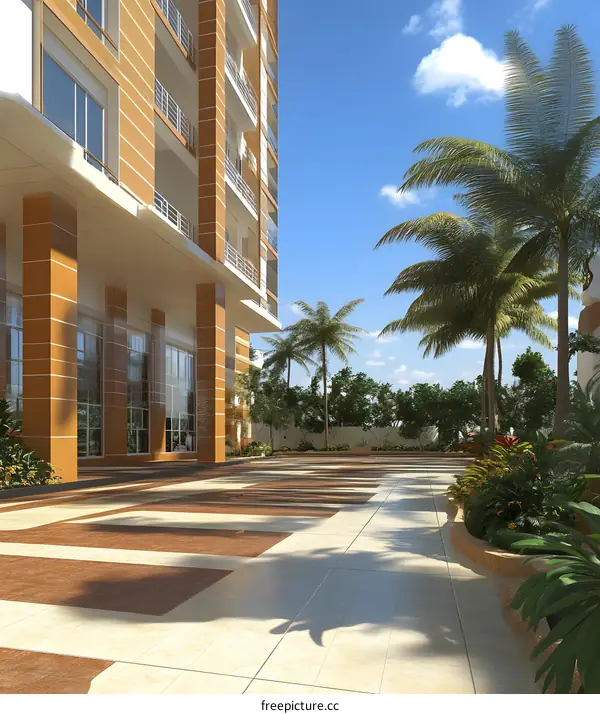 Modern Building Exterior with Palm Trees and Patio