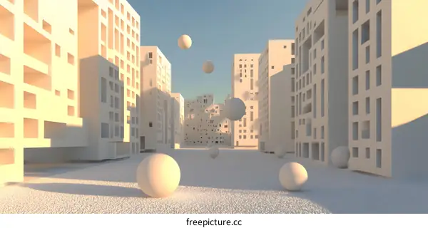 Minimalist 3D Render of White Cityscape with Floating Spheres
