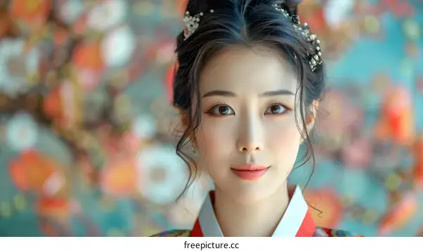 Portrait of a beautiful Asian woman in traditional Korean dress, hanbok