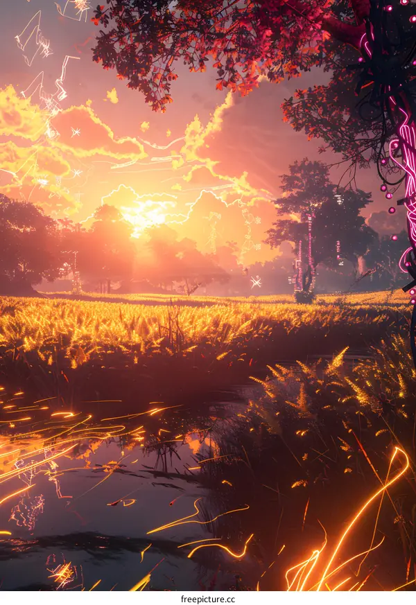 Golden Sunset Over a Futuristic Cityscape