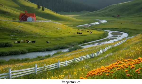 Cows grazing in a lush green valley with a river running through it and a red barn in the distance