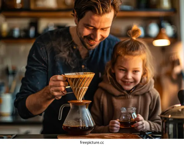 Father and daughter making coffee together in the kitchen
