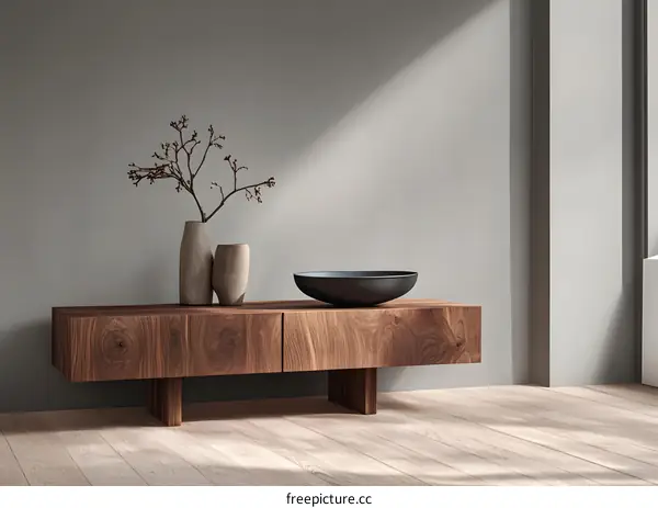Minimalist Wooden Console Table With Vases and Bowl
