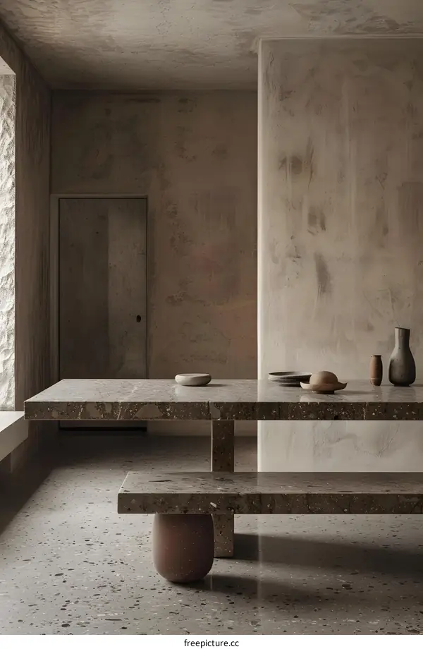 Minimalist Interior Design with Stone Table and Bench