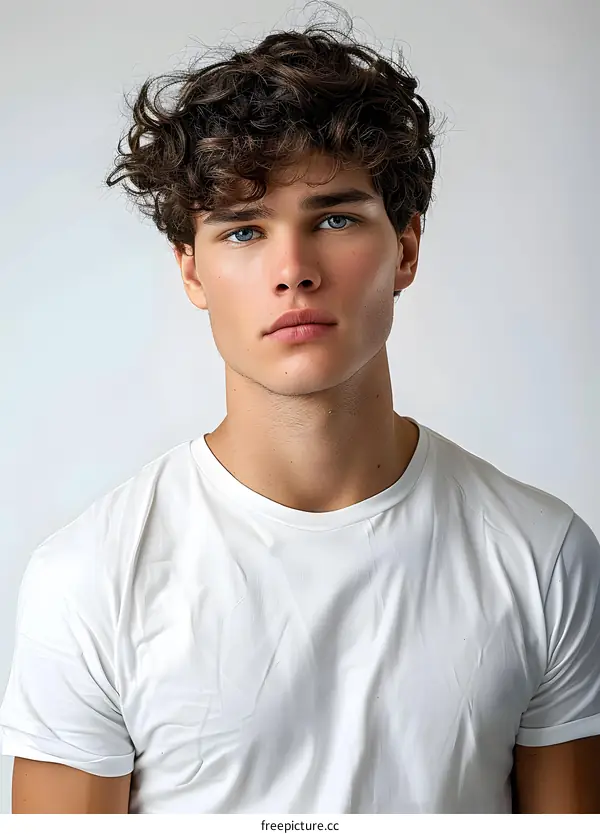 Portrait of a Young Man with Curly Hair and Blue Eyes