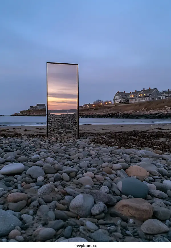 Reflective Mirror on a Rocky Beach with a Sunset View