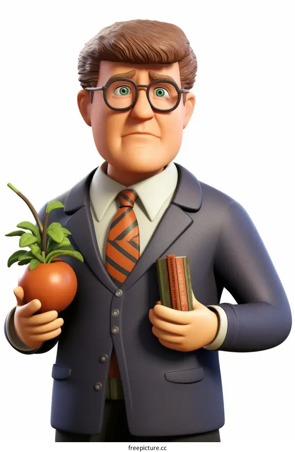 Illustration of a male scientist holding a plant and books