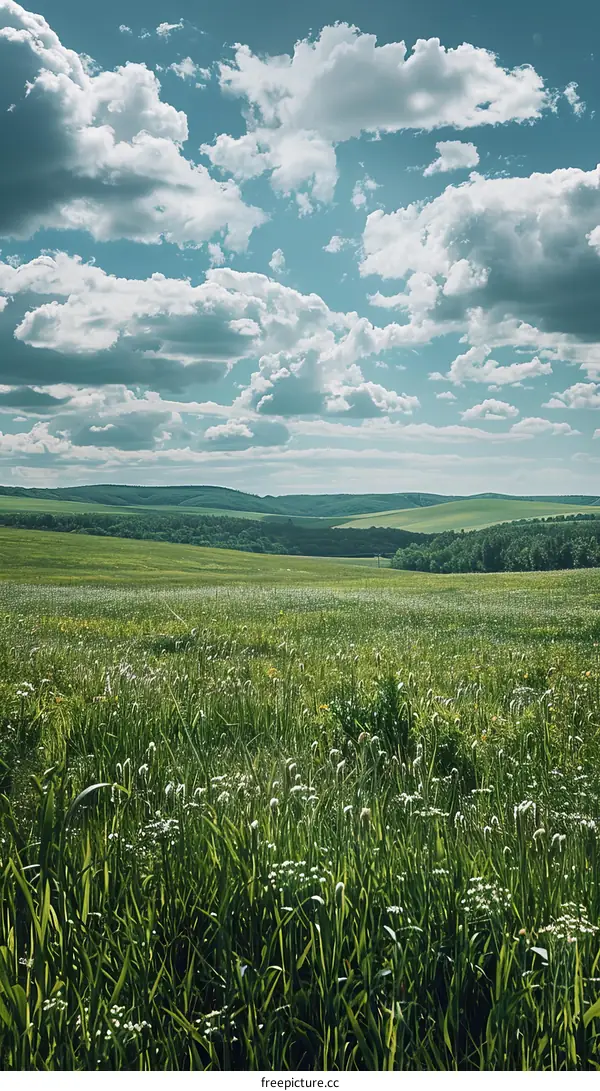Green Rolling Hills Stretch into the Distance under a Blue Sky with White Clouds