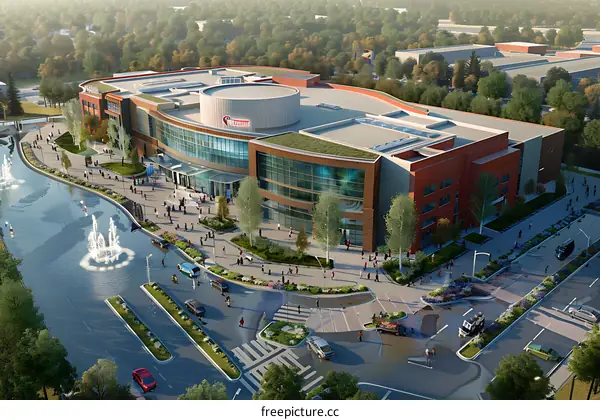 An illustration of a shopping mall with a large fountain in front of it