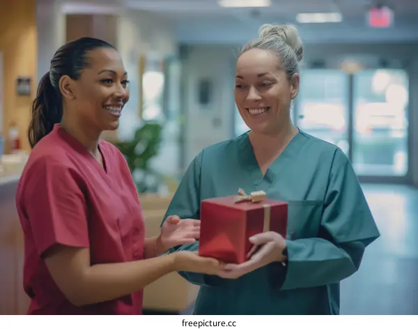 Two nurses exchanging gifts in a hospital hallway
