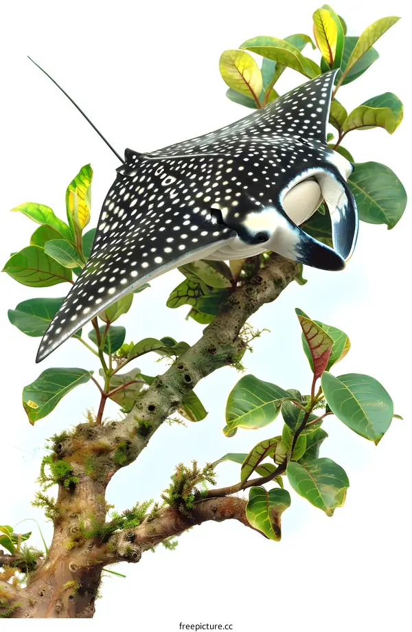 A ray fish is flying above a branch with green leaves