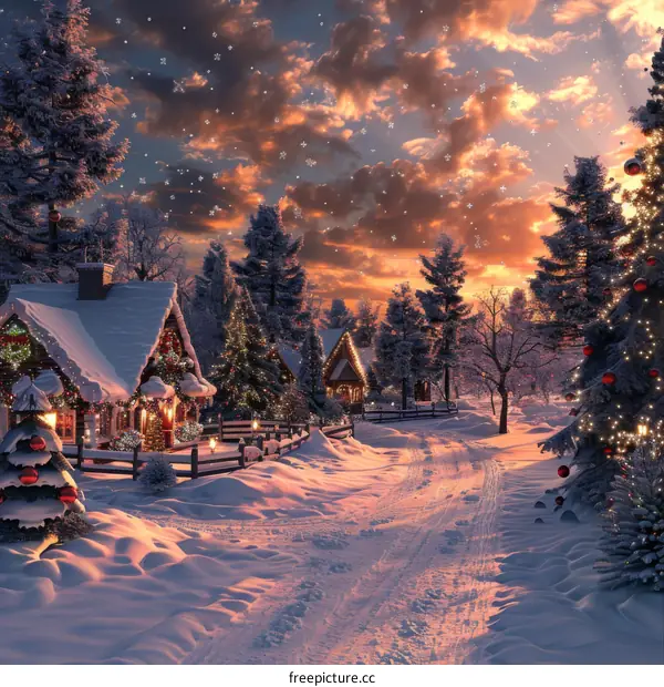 Cozy Christmas Village in a Snow-Covered Wintry Landscape