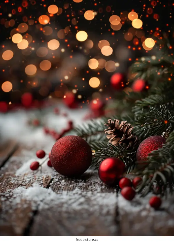 Christmas background with red ornaments and snow