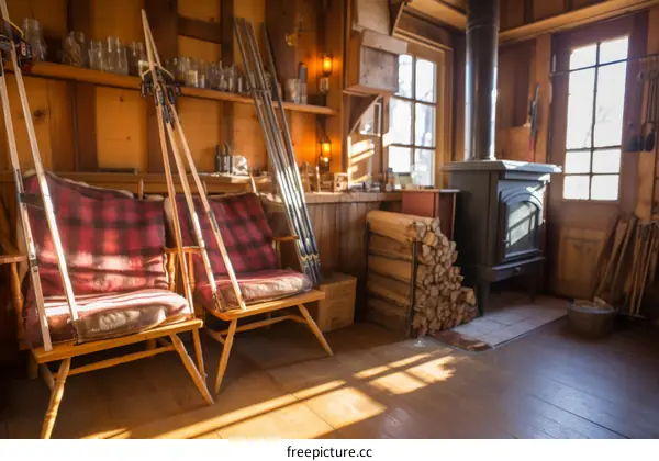 Cozy cabin interior with a wood stove, skis, and a plaid blanket