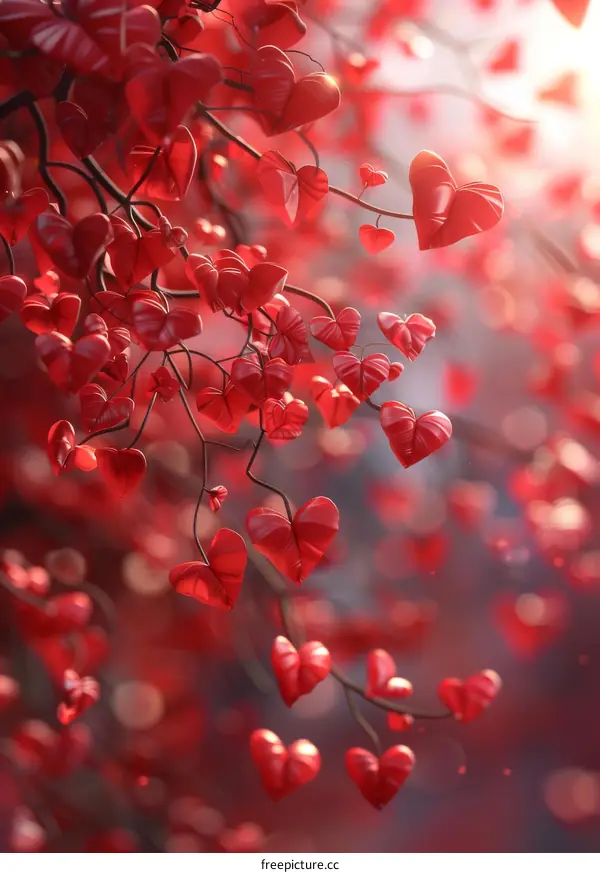 Red heart-shaped leaves adorn the branches of a tree with a blurred background