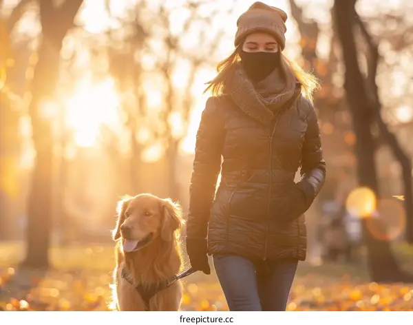 A young woman walking her golden retriever dog in the park during the fall
