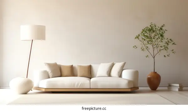 Airy and bright living room with large sofa and plants