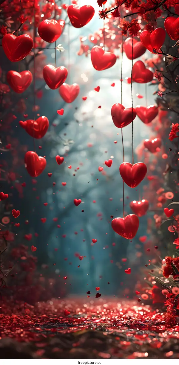 Falling red hearts in the garden