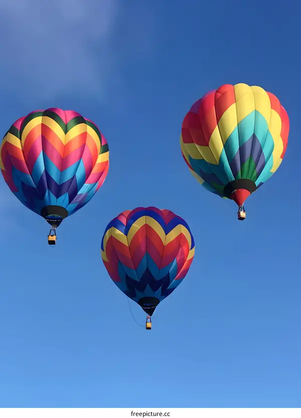 Three Colorful Hot Air Balloons Against Blue Sky