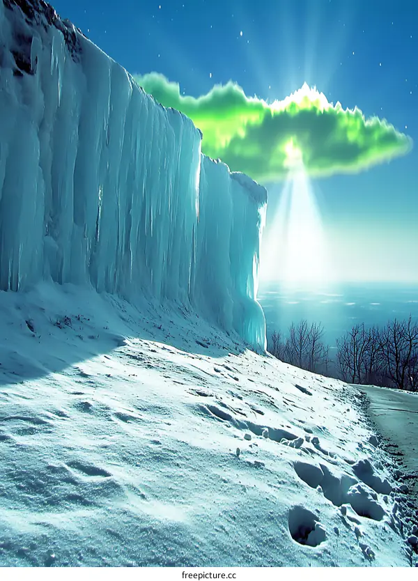 Frozen Waterfall and Green Aurora Borealis