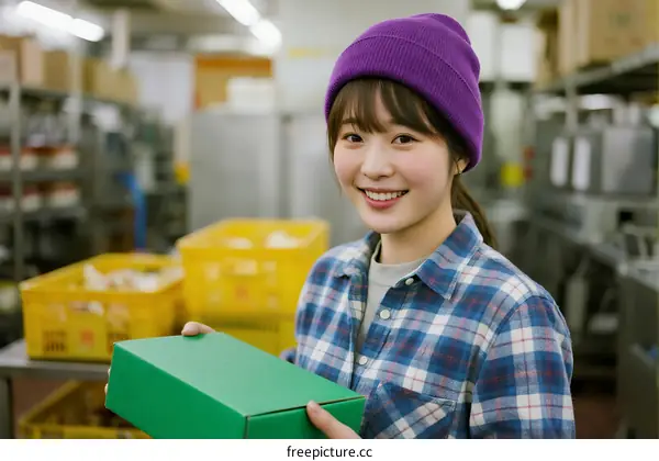 Young Asian woman in blue checkered shirt holding green box in factory
