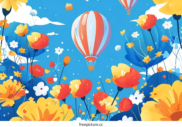 Hot Air Balloon Soaring Over A Field Of Flowers