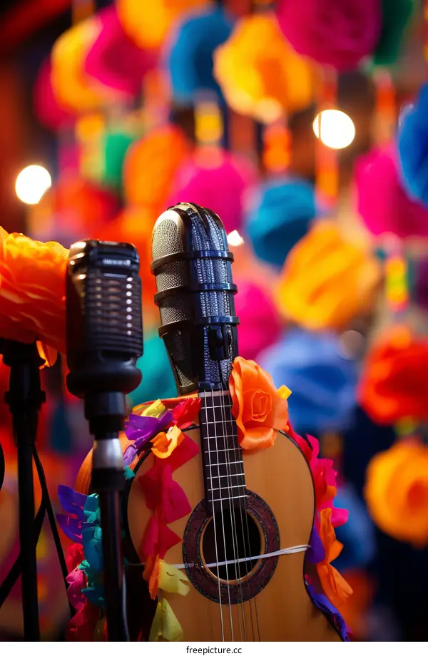 Two microphones and a guitar decorated with colorful paper flowers