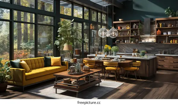 kitchen and dining room with large windows overlooking a forest