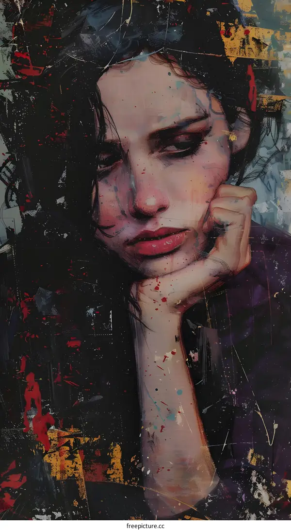 An illustration of a womans face with dark hair and red lips with paint splatters in the background