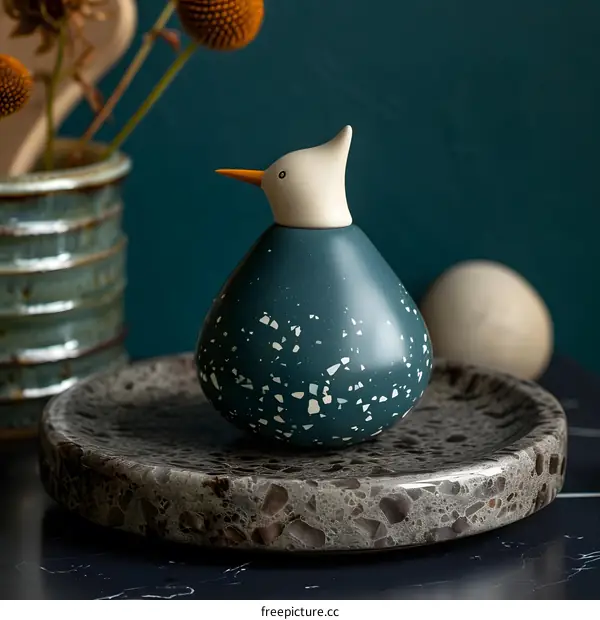 Decorative Ceramic Bird Figurine with Speckled Blue Glaze