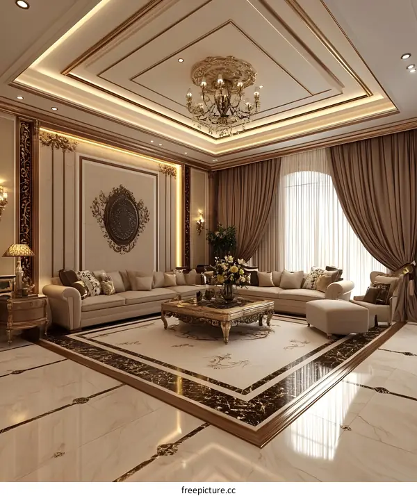 Luxury Living Room Interior Design with Golden Accents and Elegant Furniture